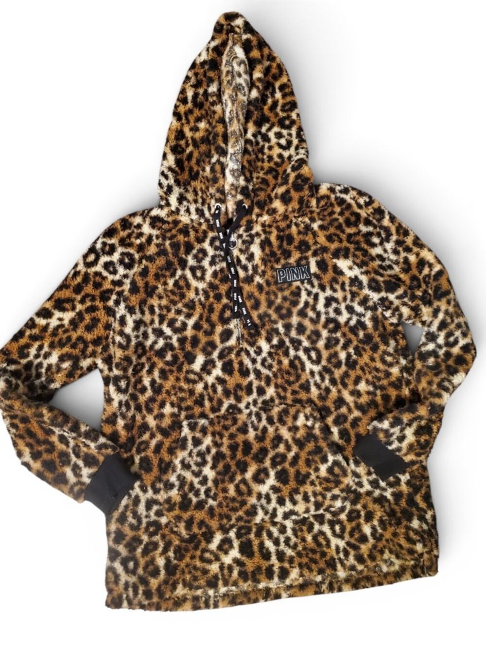 Victoria’s Secret PINK Cheetah Leopard Sherpa Hoodie Jacket Half Zip Up Size Med